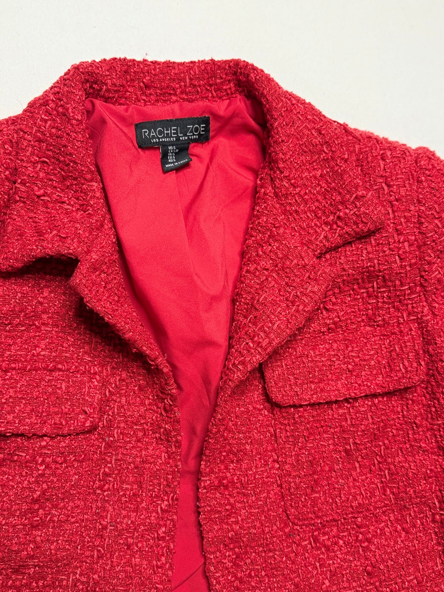 Rachel Zoe Red Tweed Cropped Blazer Open Front Jacket Size Small