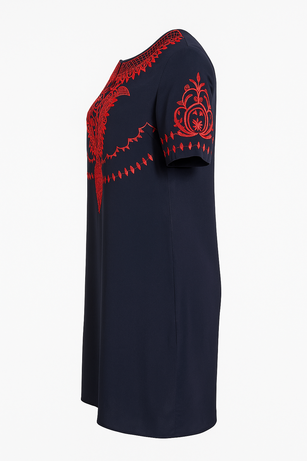 Neiman Marcus Navy Blue Shift Dress Women’s Medium Red Embroidered Neckline & Sleeves