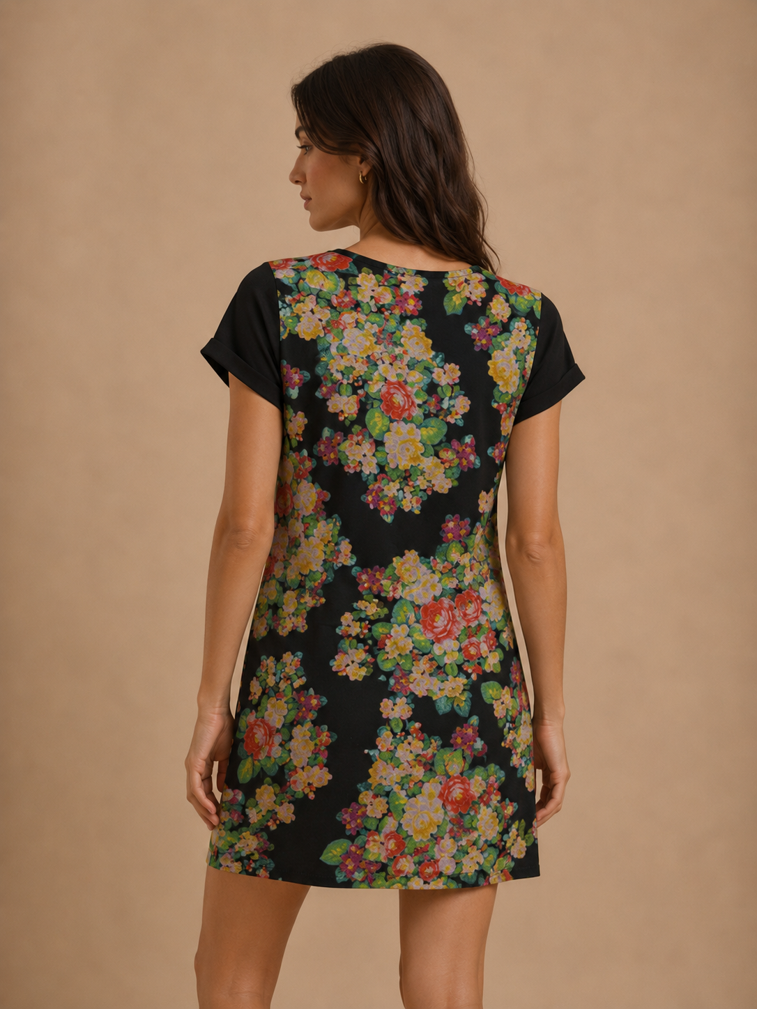 MinkPink Floral Print Dress Women’s Small Black Multicolor Flower Blouse Studded Neck Short Sleeve