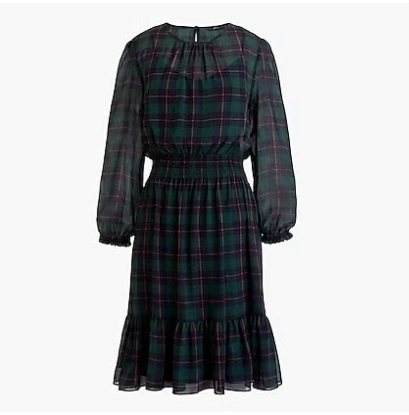 J.Crew Sheer Tartan Plaid Smock Dress – Size Medium, Long Sleeve, Cinched Waist