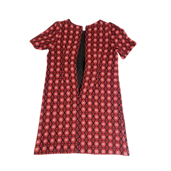Ann Taylor Jacquard Red & Black Print Dress Size MP | Short Sleeve Knit Work Dress Petite