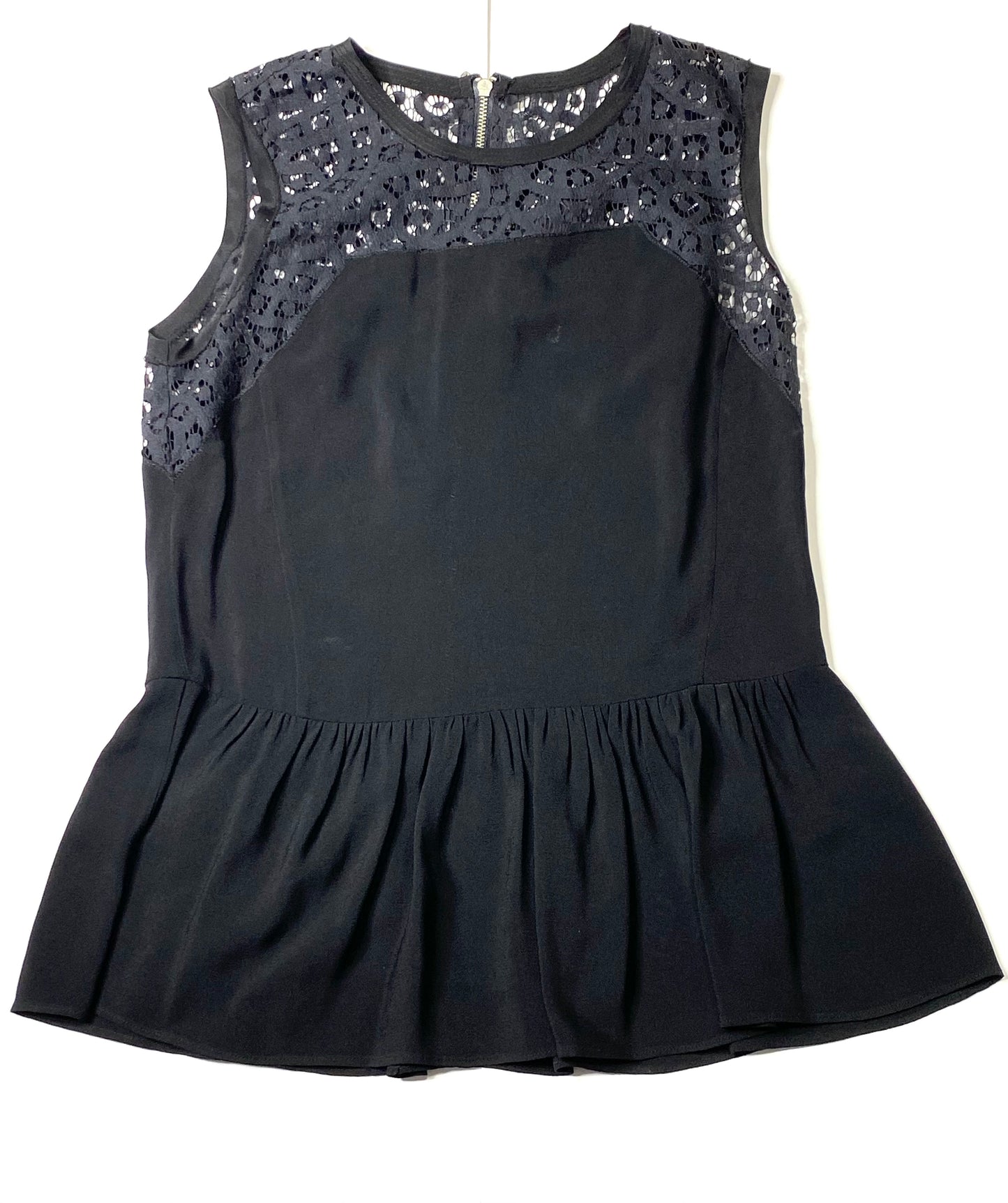 Rebecca Taylor Black Sleeveless Peplum Blouse with Lace Detail – Size 0