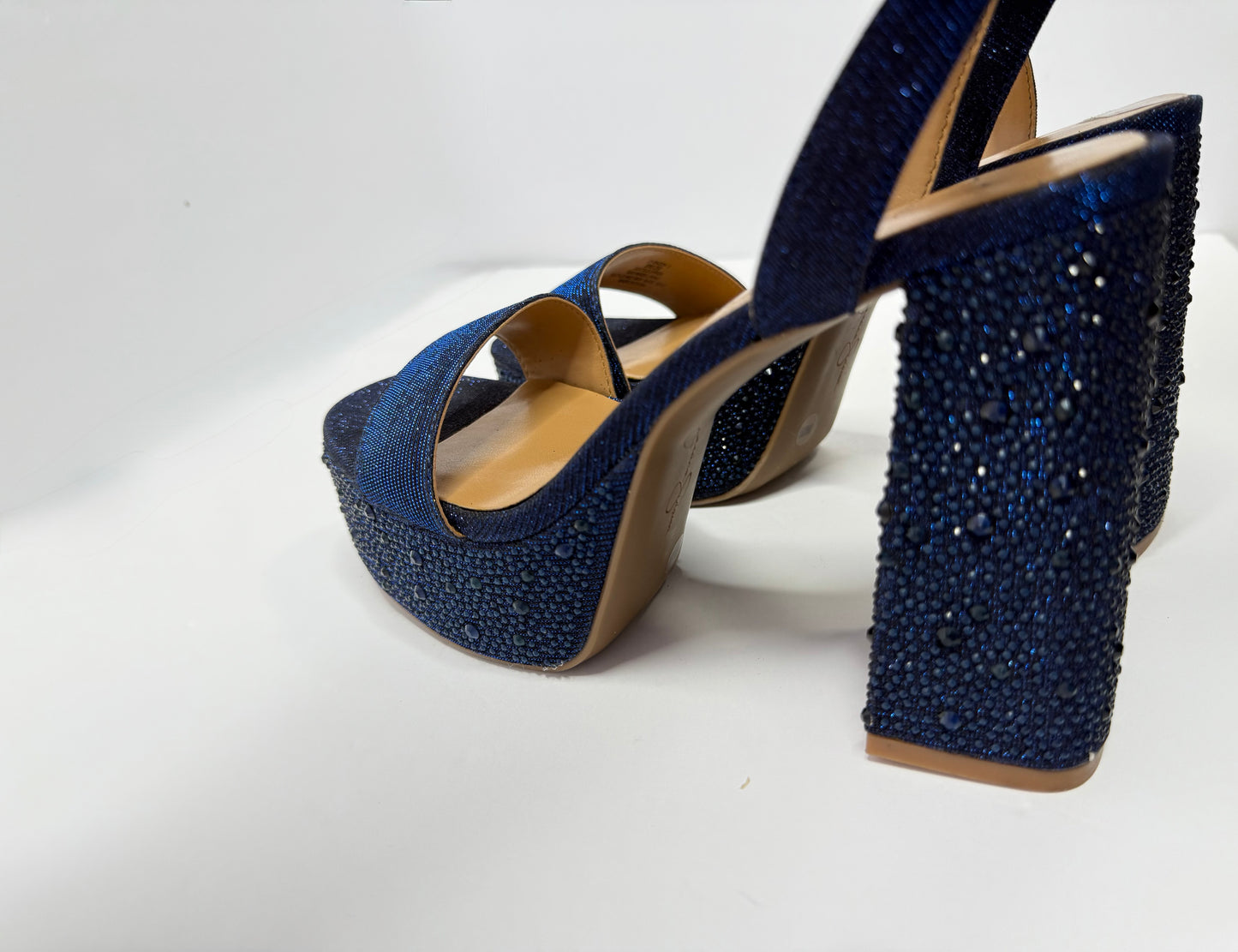 Jessica Simpson Metallic Blue Platform Sandals – Rhinestone Ankle Strap, Chunky Heel, Size 8, NWT