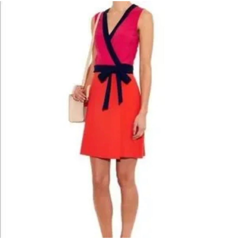 Diane von Furstenberg Icon Wrap Dress – Size 10, Colorblock Orange & Pink with Navy Trim