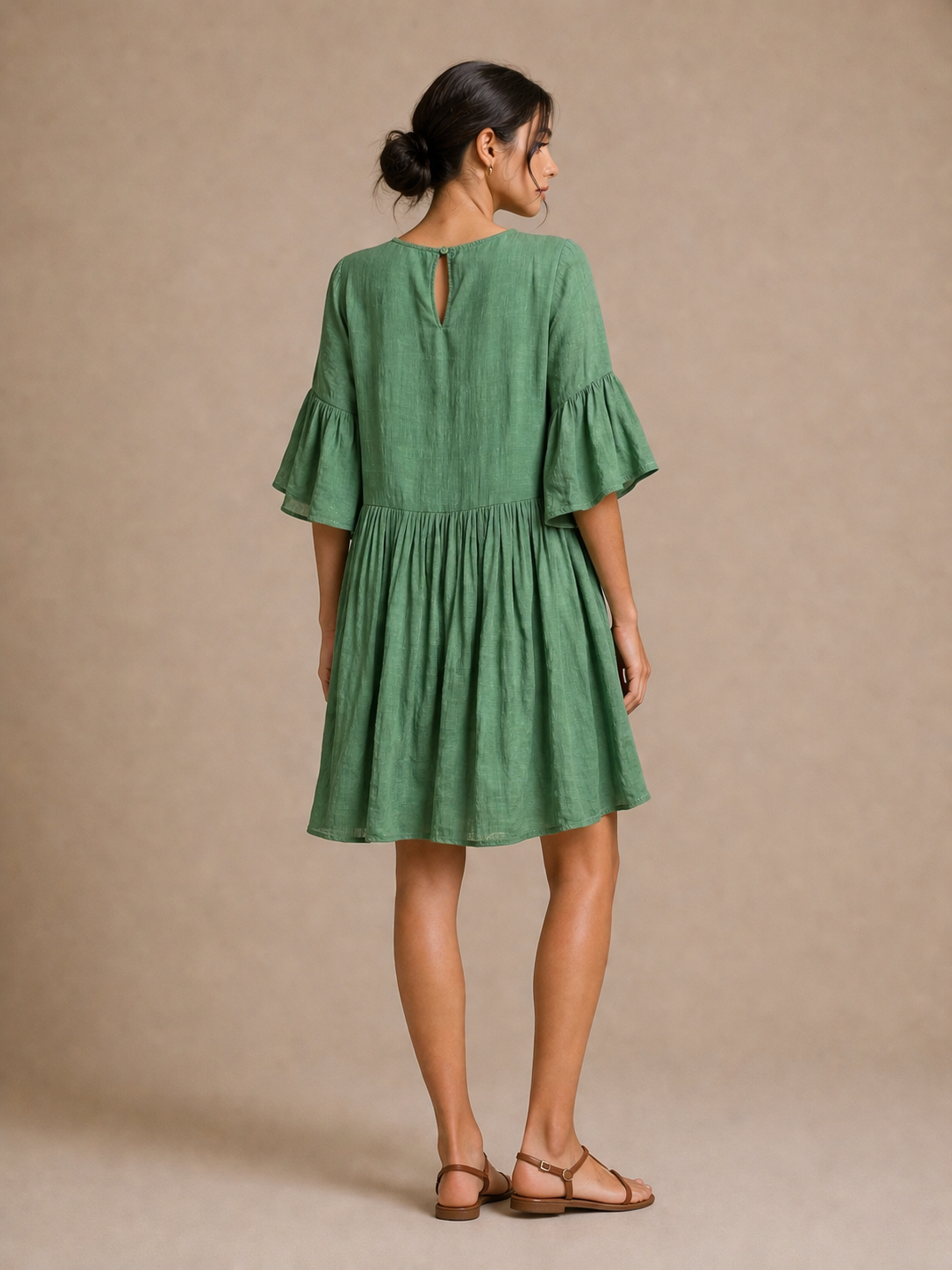 Umgee Green Boho Dress w/Floral Embroidery and Bell Sleeves Size Medium