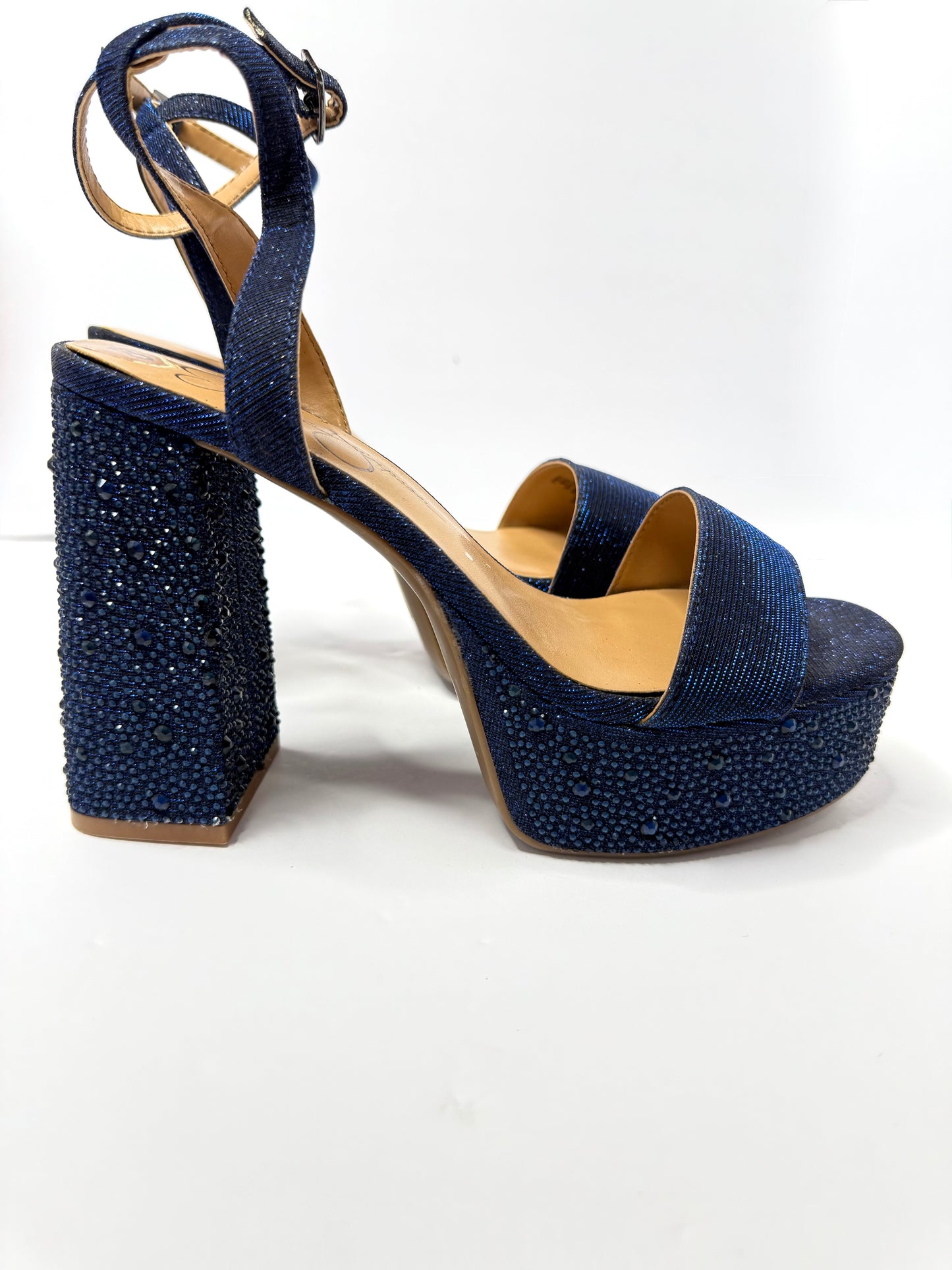 Jessica Simpson Metallic Blue Platform Sandals – Rhinestone Ankle Strap, Chunky Heel, Size 8, NWT