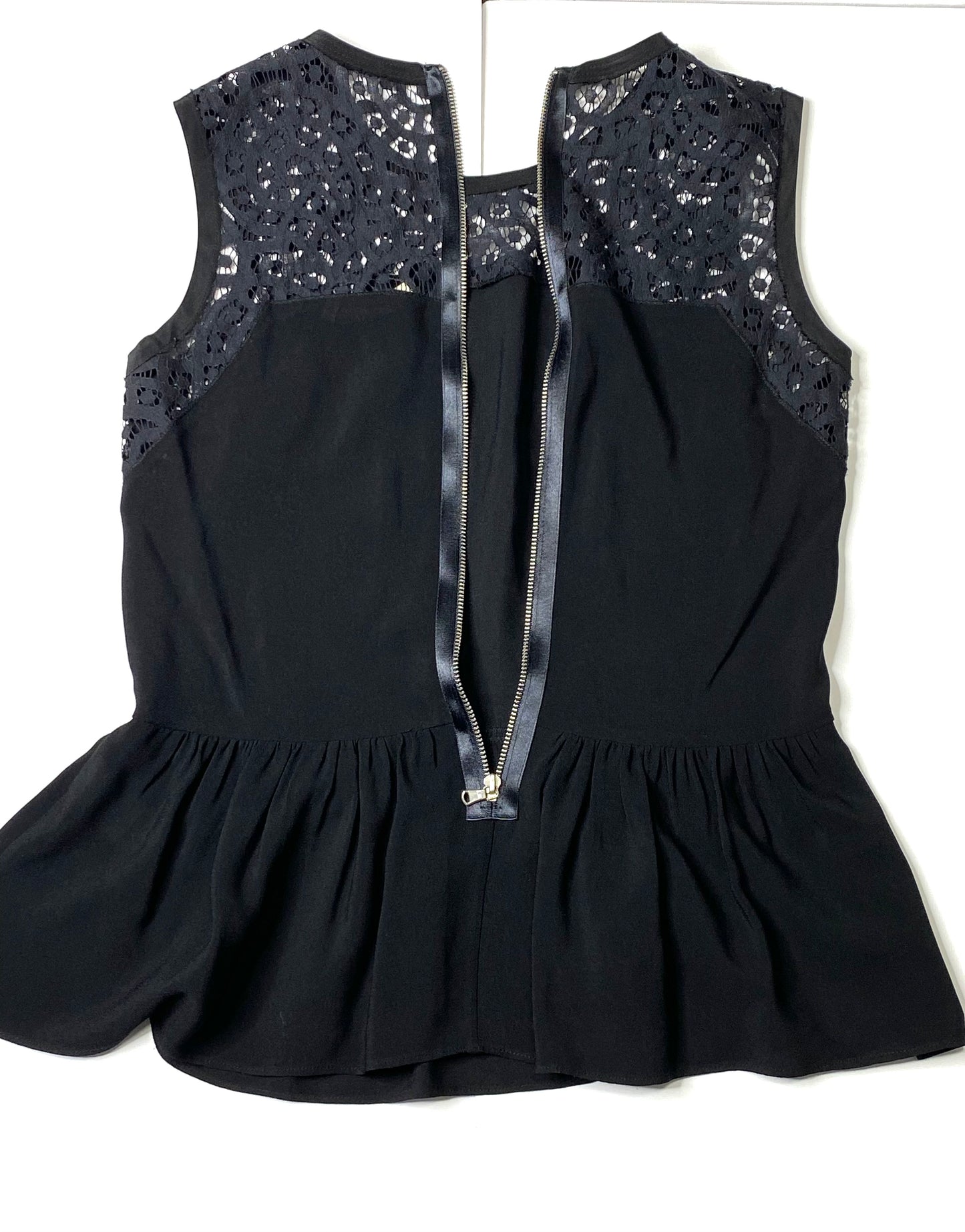 Rebecca Taylor Black Sleeveless Peplum Blouse with Lace Detail – Size 0