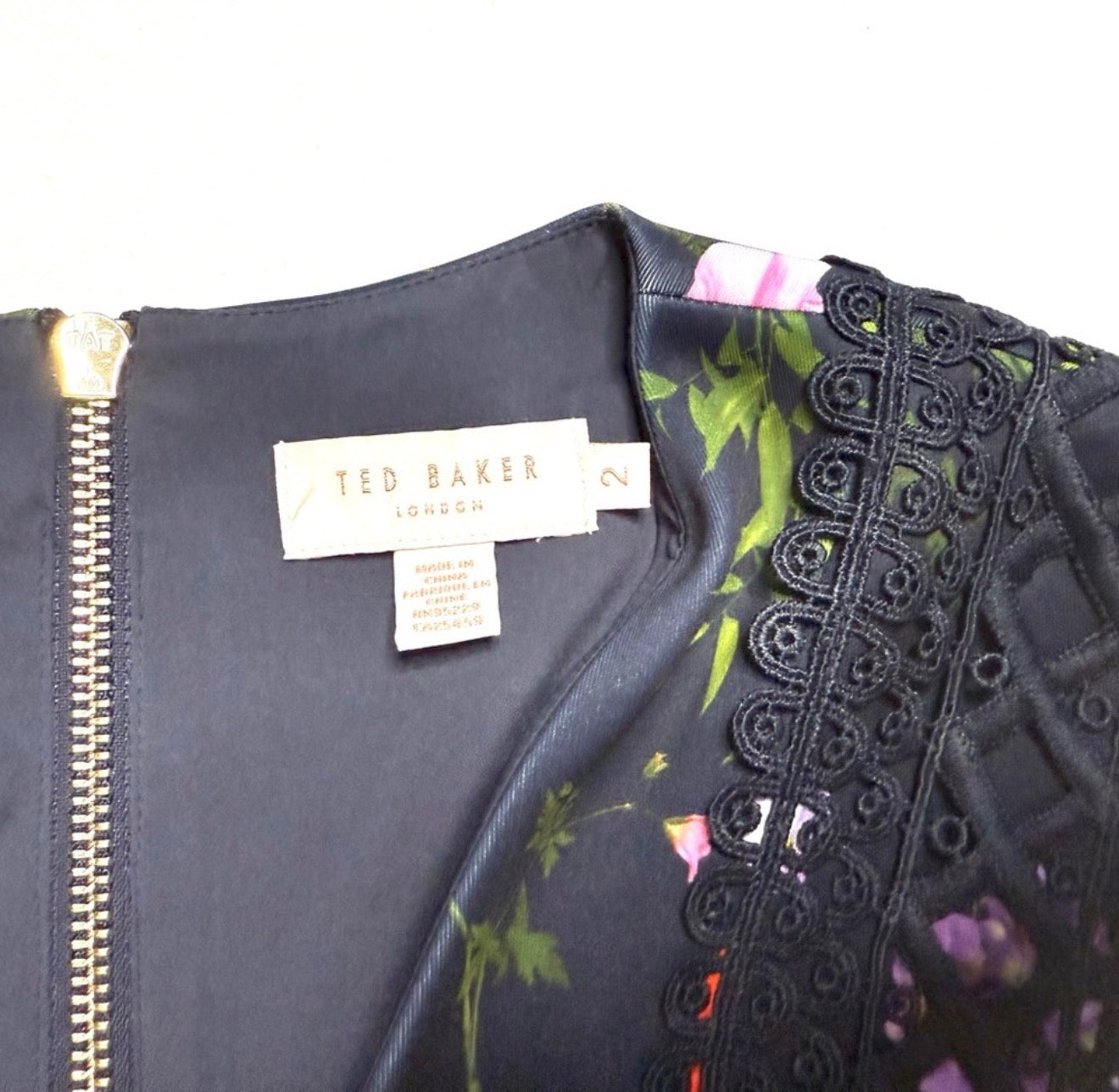 Ted Baker Blue Floral Print Plunge A-Line Dress Lace Trim w/Pockets Size 2