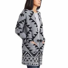 Frye Women’s Long Sleeve Tribal Print Open Front Cardigan – Grey & Black Size Medium