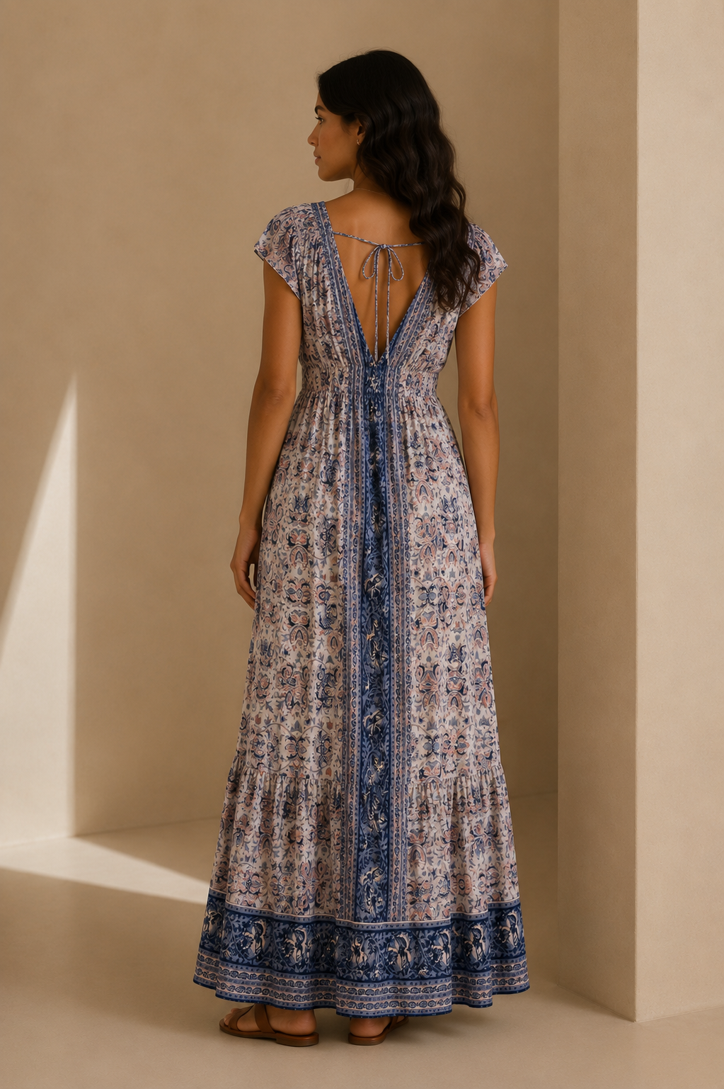 Lucky Brand Blue and White Paisley Boho Maxi Dress w/ Side Slits & Pockets Sz M