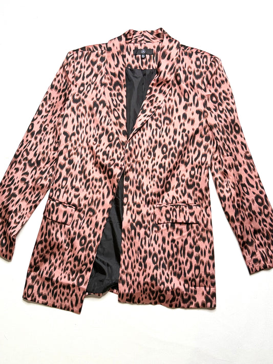 Missguided Peachy Pink Animal Print Longline Jacket Size 4 | Open Front Blazer with Pockets