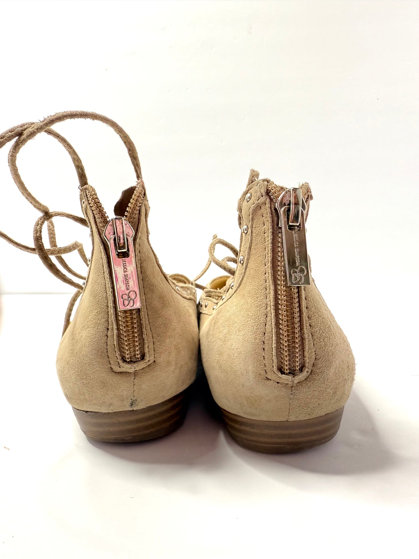 Jessica Simpson Libra Lace-Up Ballerina Flats – Tan Nubuck with Stud Trim, Size 7