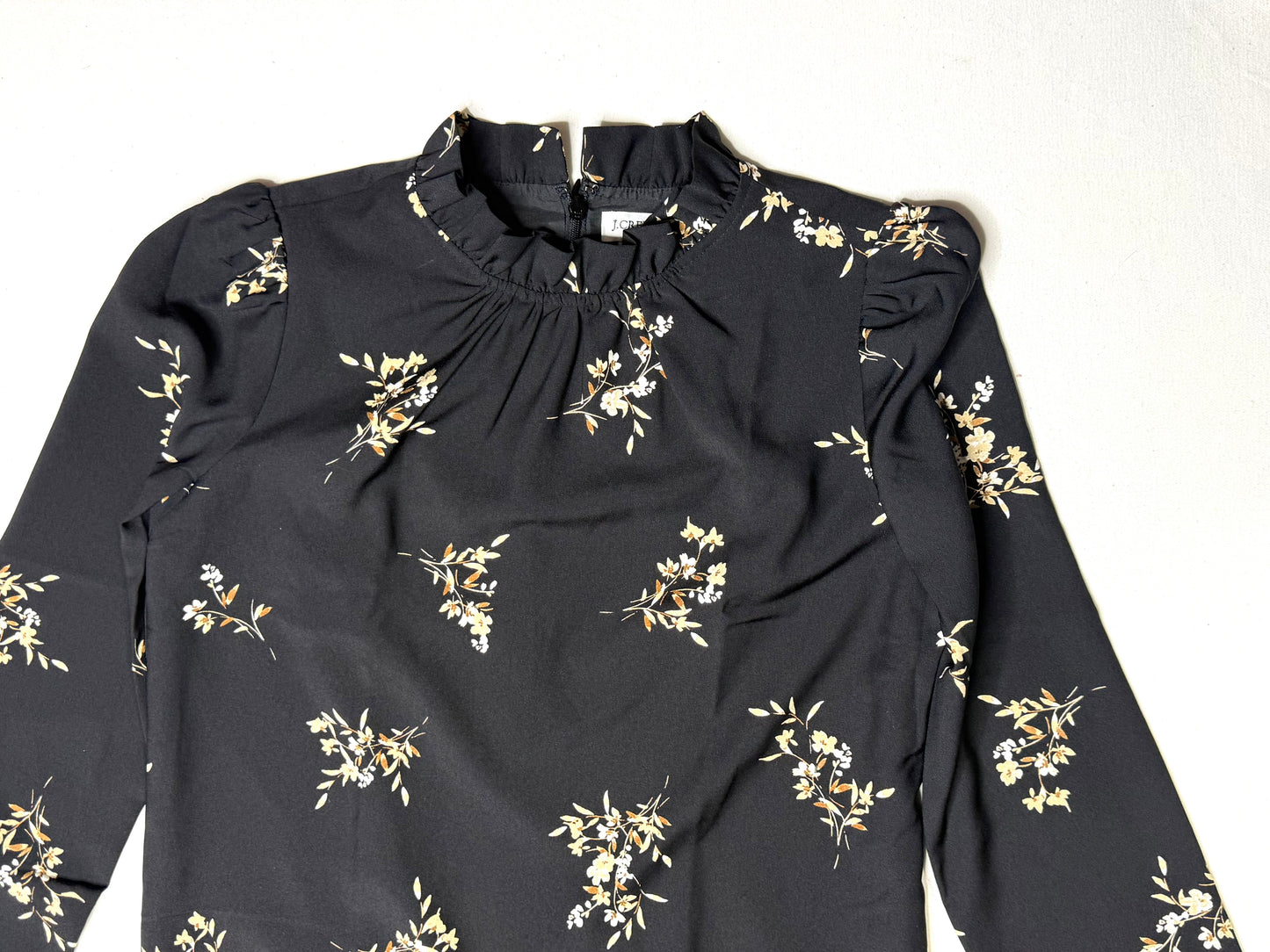J. Crew Factory Black Long-Sleeve Floral Ruffle Mock Neck Shift Dress Size 2