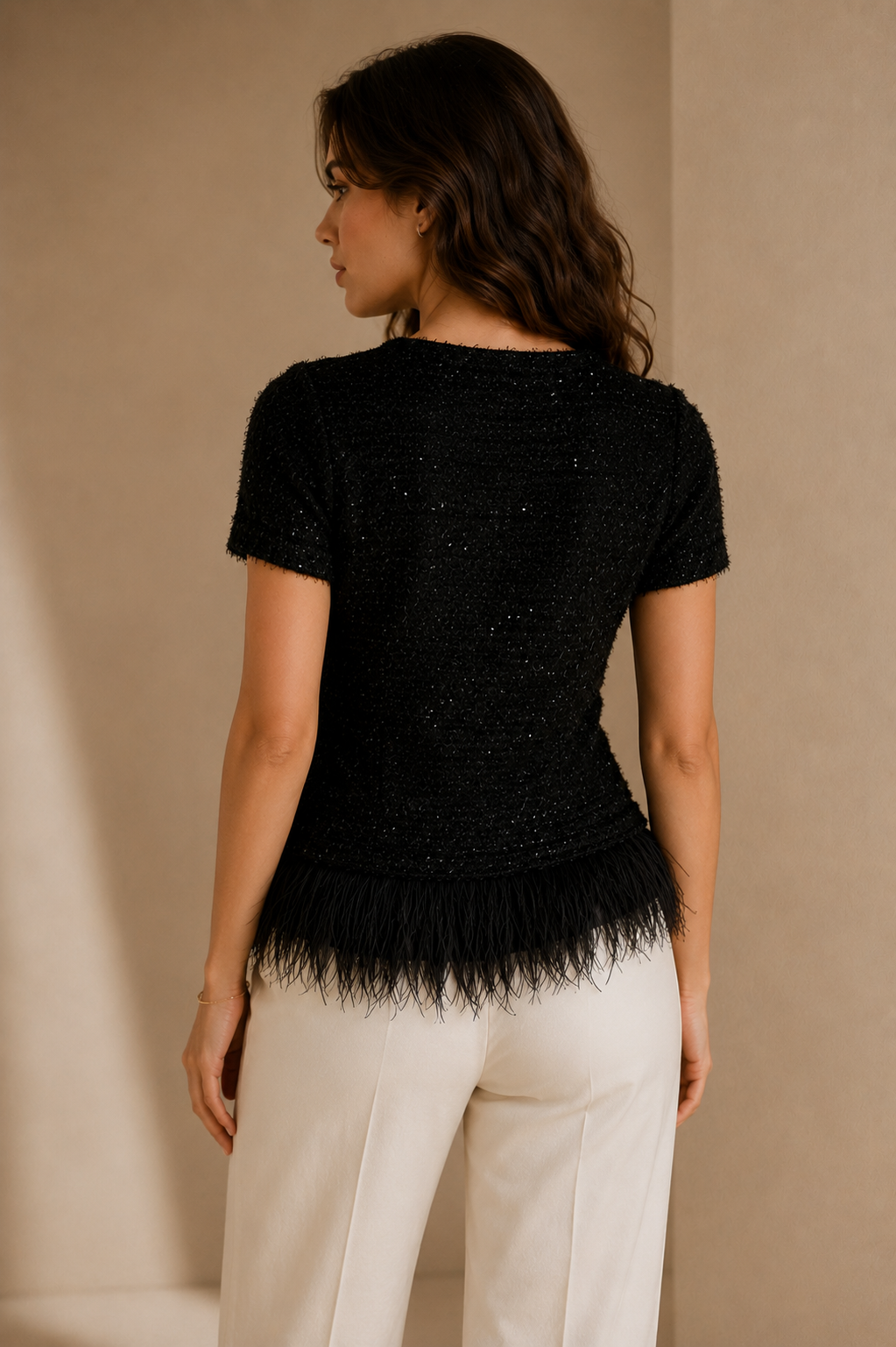 Anthropologie Deletta Black Metallic Textured Top with Ostrich Feather Hem