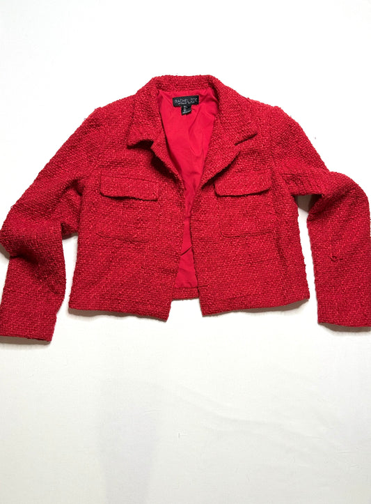 Rachel Zoe Red Tweed Cropped Blazer Open Front Jacket Size Small
