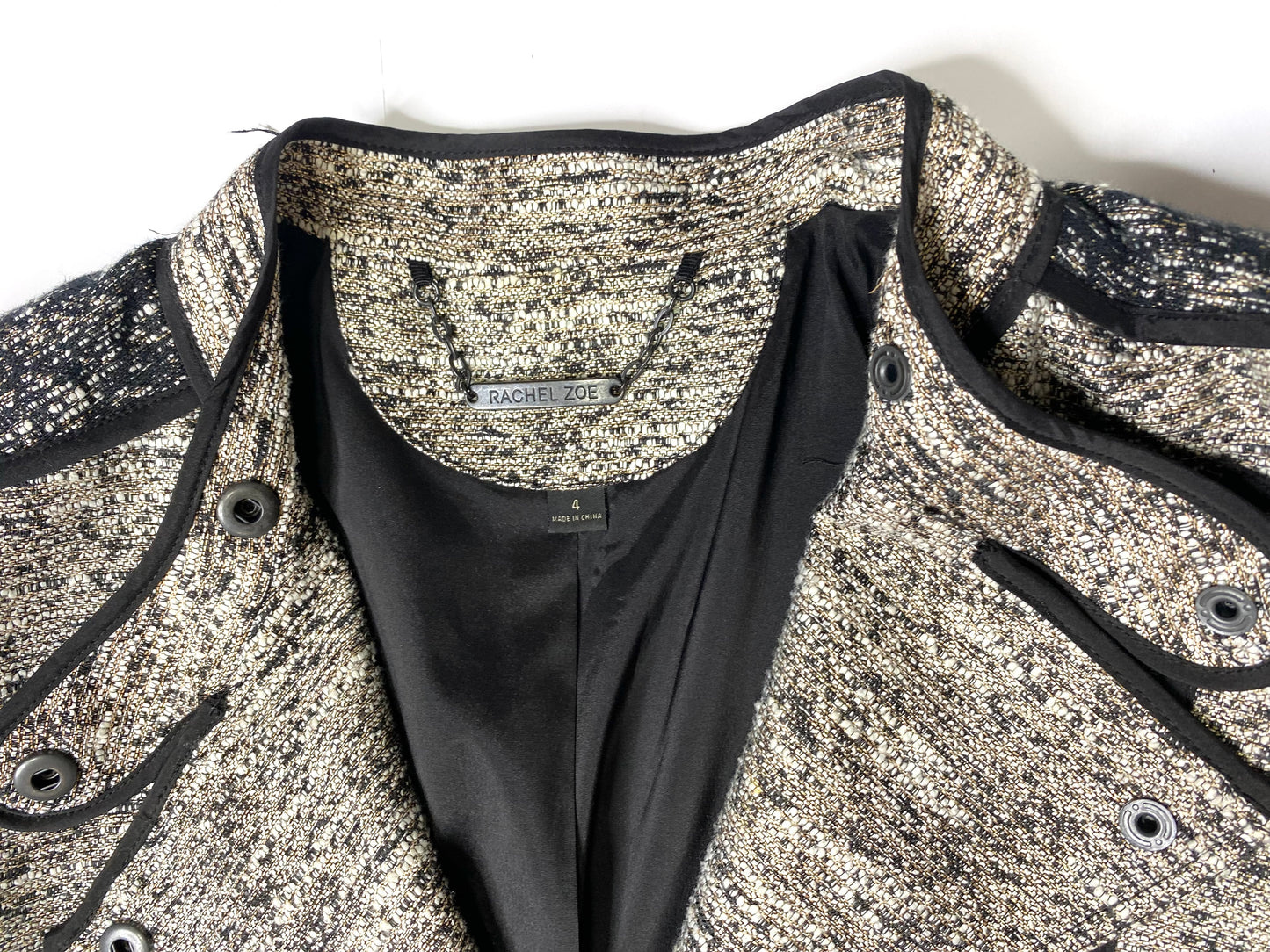Rachel Zoe Davenport Metallic Tweed Jacket Size 4 | Designer Moto Blazer | Gold & Black Statement Outerwear