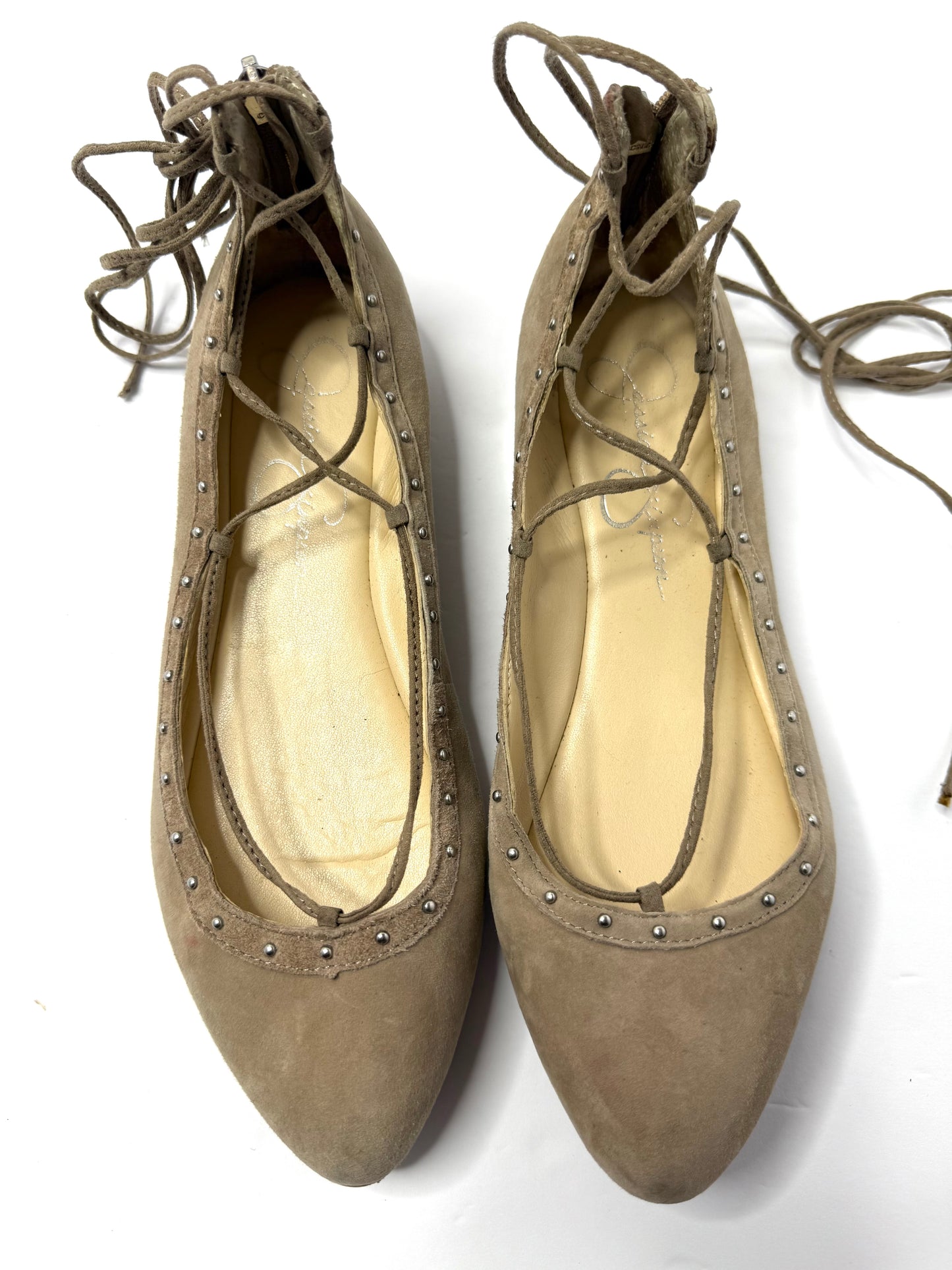 Jessica Simpson Libra Lace-Up Ballerina Flats – Tan Nubuck with Stud Trim, Size 7