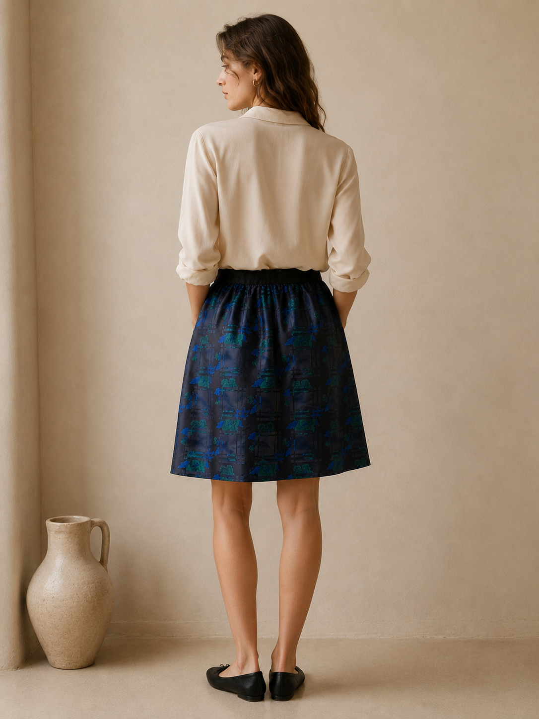 J. Crew Navy and Teal Floral Plaid Jacquard A-Line Mini Skirt w Pockets Size 4