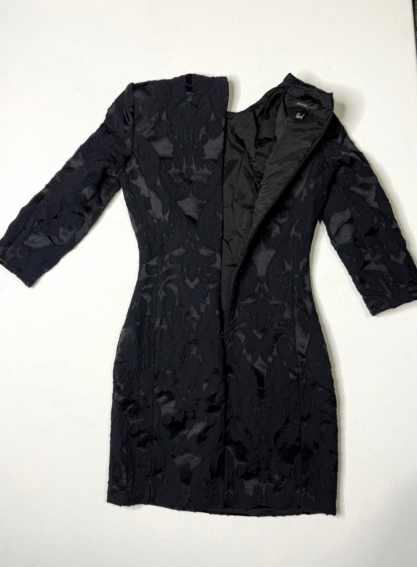 Mango Suit Black Long-Sleeve Jacquard Sheath Dress Textured Brocade Size 4