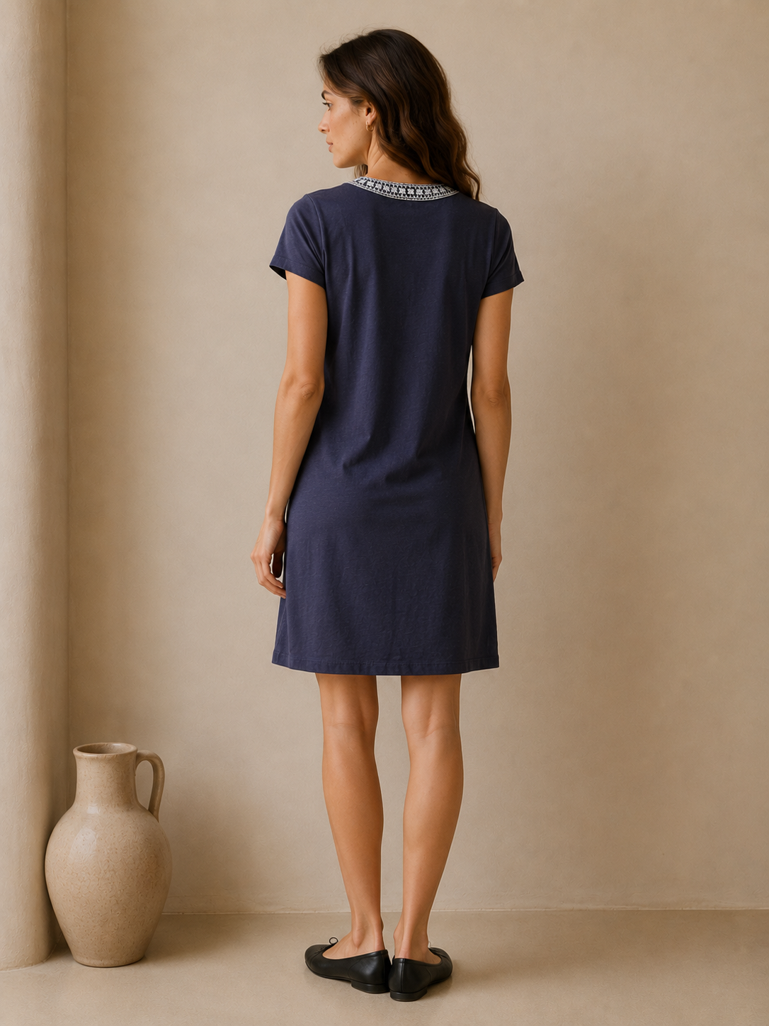 Talbots Navy Blue Cotton Embroidered Shift Dress Size Small