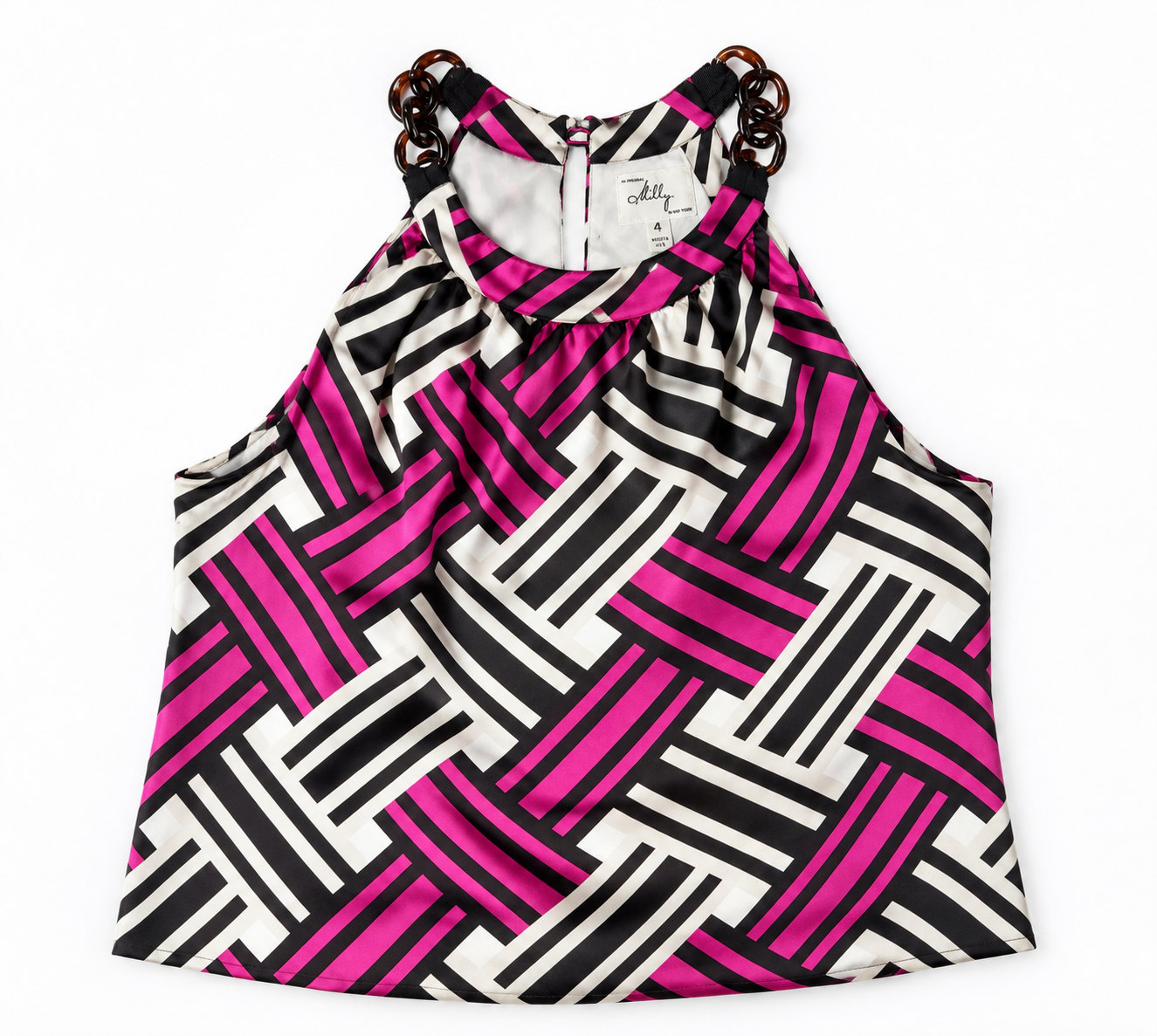 MILLY New York 100% Silk Geometric Print Halter Top Size 4 Pink Black Designer Blouse