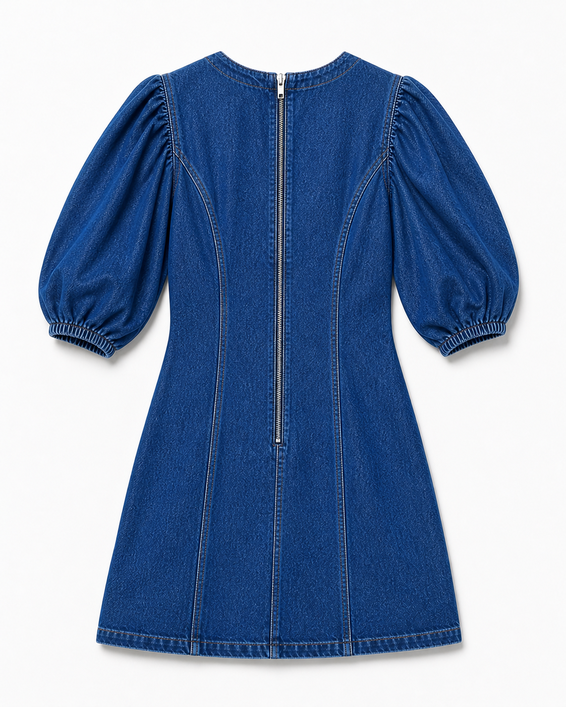 ZARA Denim Mini Dress Women’s Medium NWT Puff Sleeve Blue Jean Dress Cutout Neck Fitted A-Line