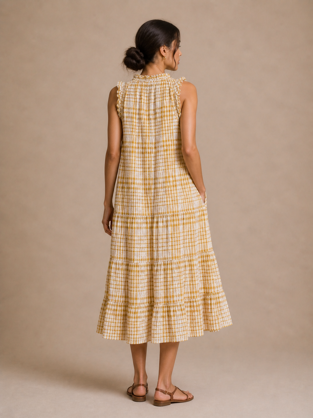 Max Studio Yellow Plaid Tiered Tie-Front Dress Size Small