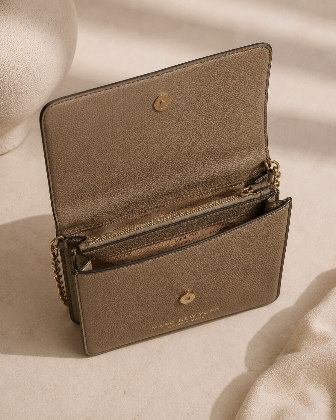 Marc New York Andrew Marc Taupe Quilted Crossbody Bag | Neutral Pebbled Leather Chain Shoulder Purse