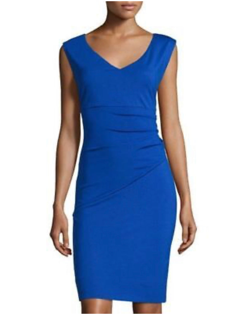 DVF Cobalt Blue Sheath Dress Size Small | V-Neck Ruched Waist | Side Zipper Closure