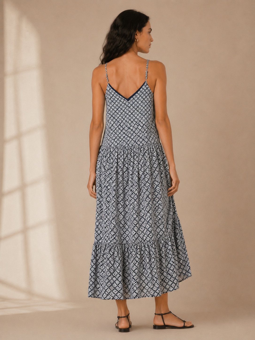 1. State Blue & White Geometric Print Tired Maxi Sundress Size Small