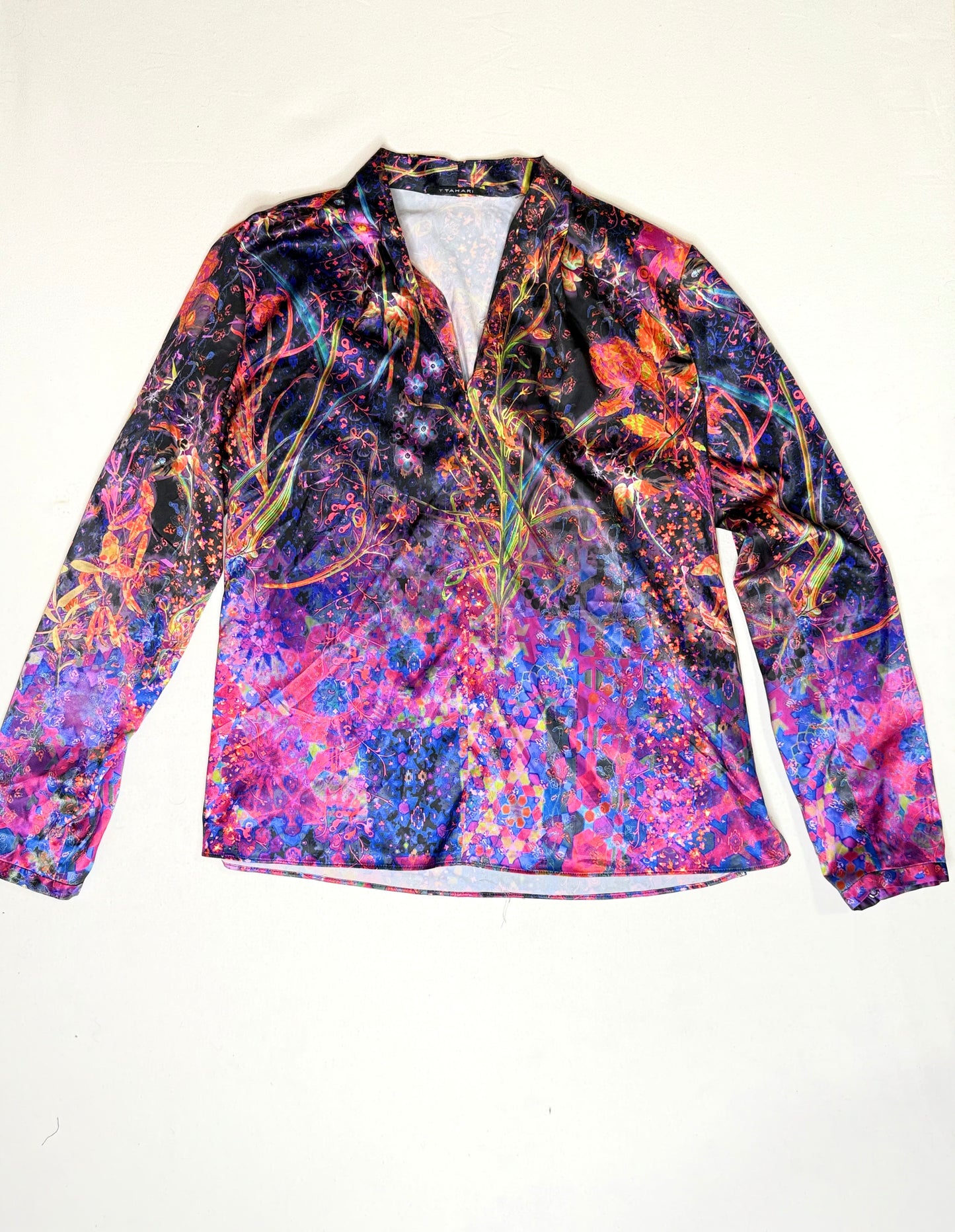 Tahari Abstract Floral Print Long Sleeve Blouse Size Large