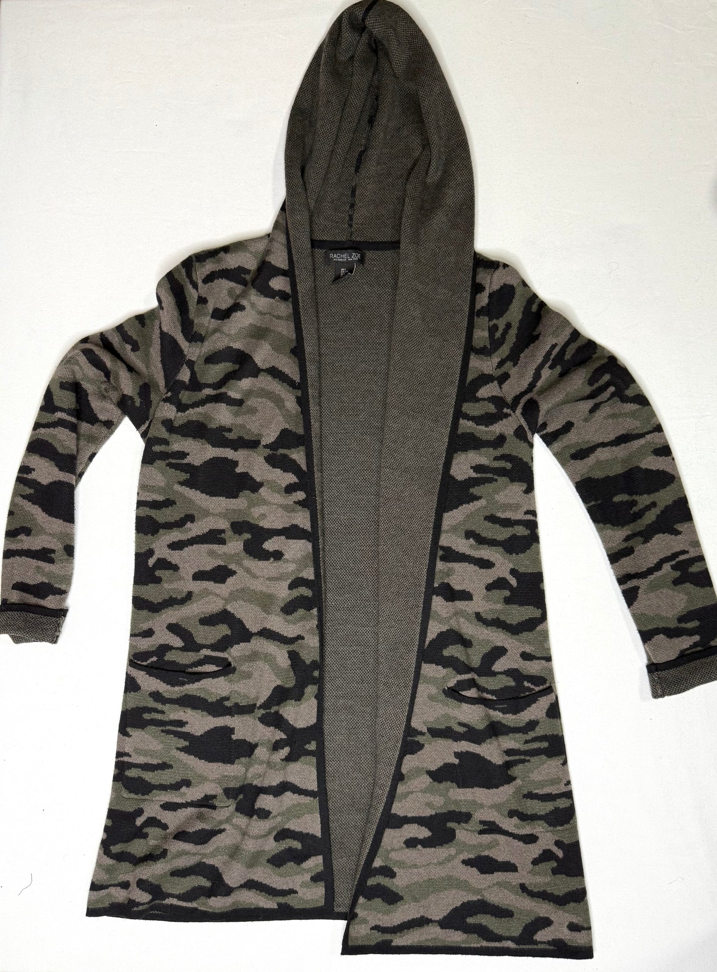 Rachel Zoe Camo Hooded Cardigan Sweater Green Brown Open Front Size Large
