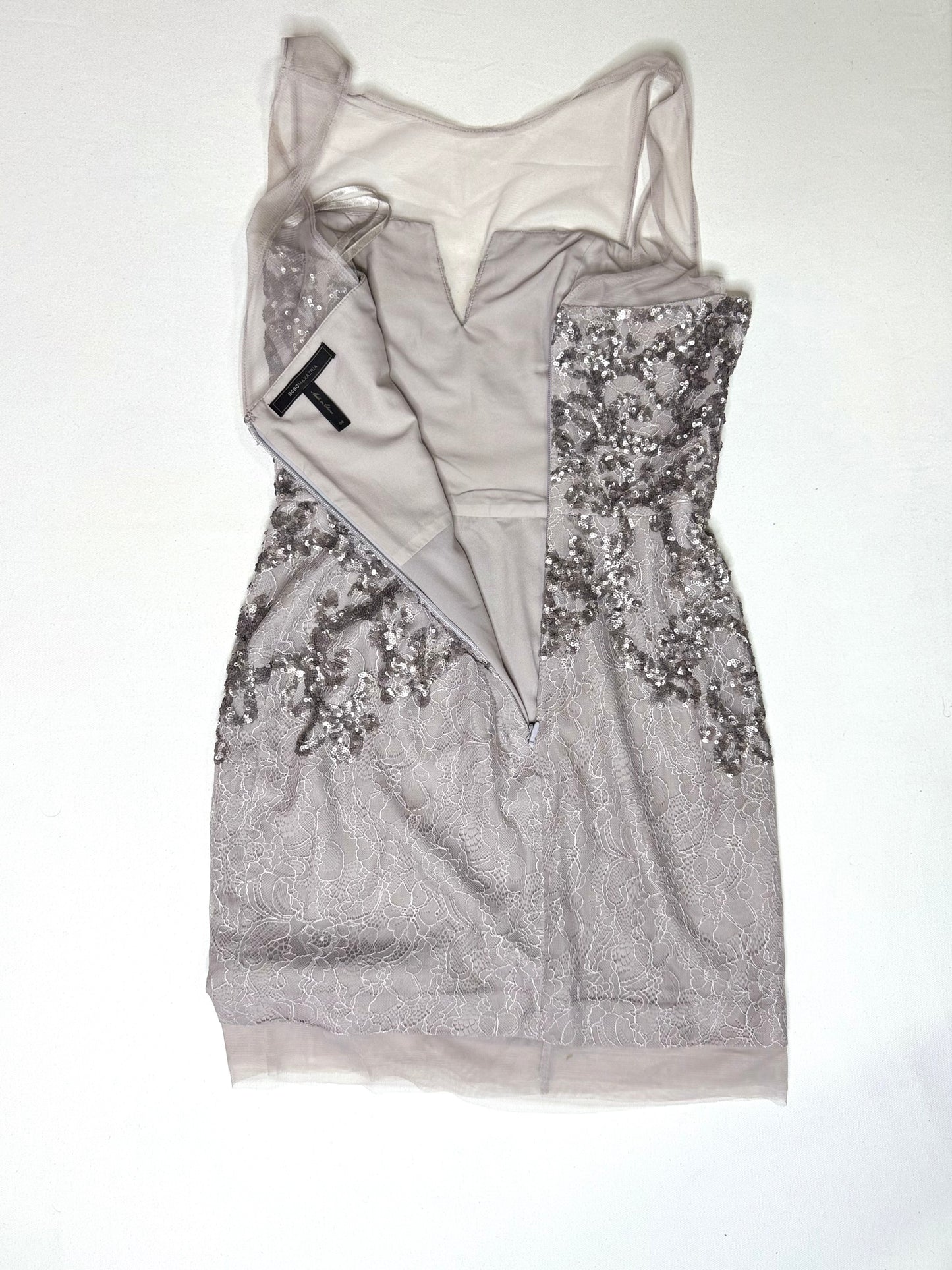 BCBGMAXAZRIA Abigail Sequin Lace Cocktail Mini Dress Gray Silver Size 6