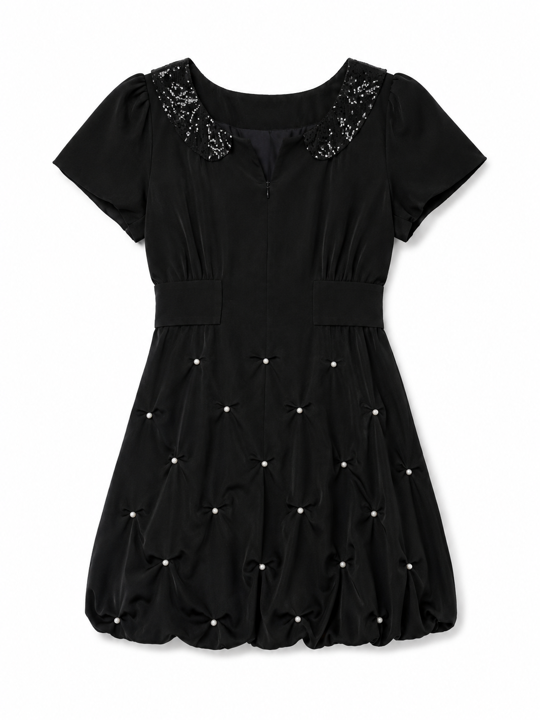 Sretsis Black Bubble Hem Dress Size US 2 Sequin Collar Pearl Detail Puff Sleeve Mini Dress