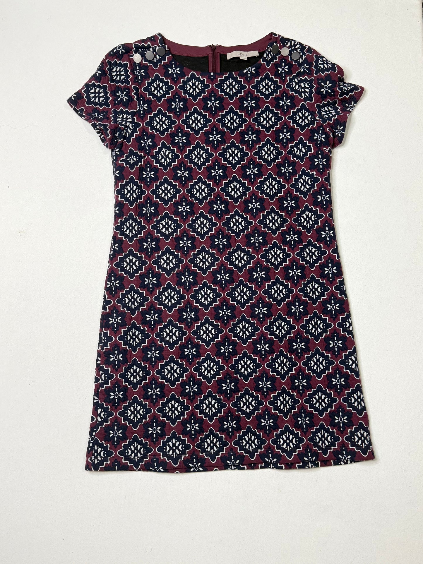 LOFT Burgundy & Navy Medallion Print Shift Dress Size 10
