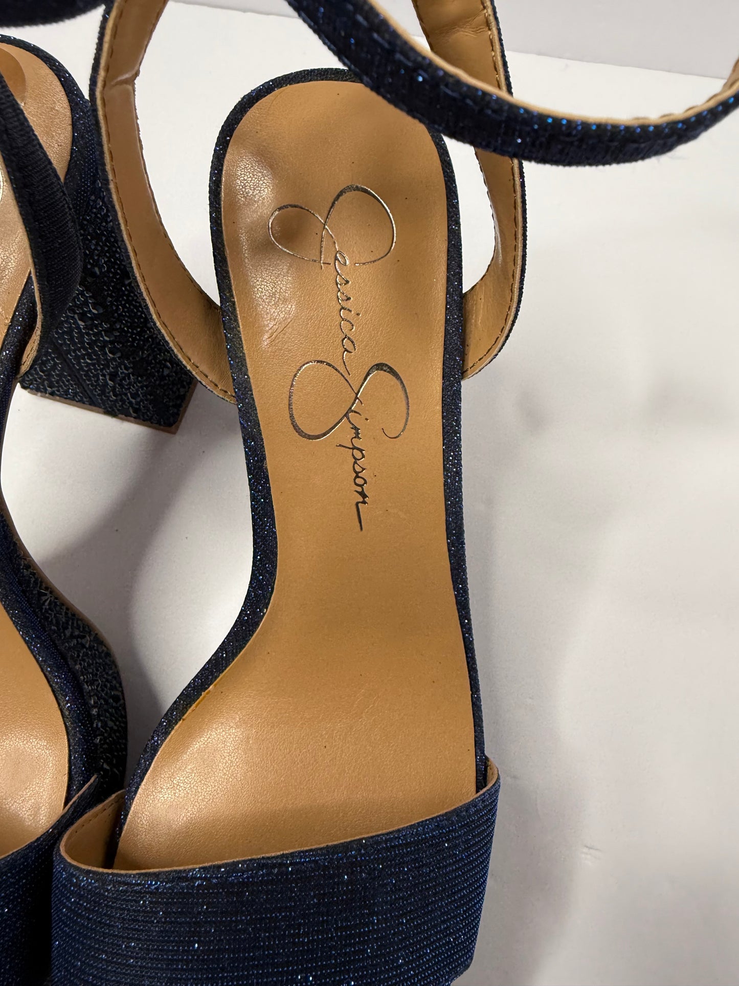 Jessica Simpson Metallic Blue Platform Sandals – Rhinestone Ankle Strap, Chunky Heel, Size 8, NWT