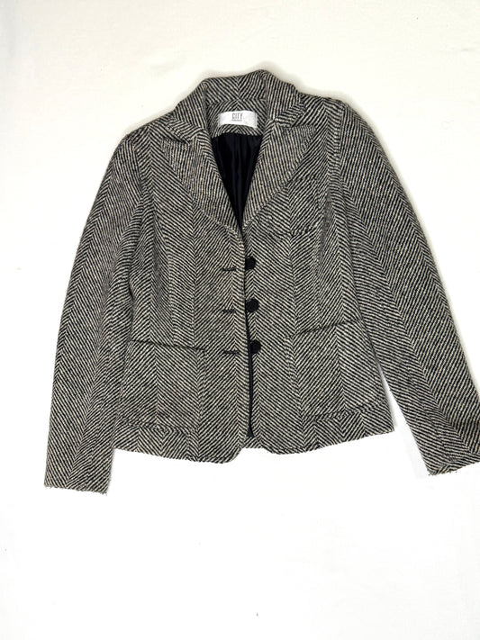 Vintage DKNY City Herringbone Tweed Blazer Gray Wool 3-Button Jacket Size 2
