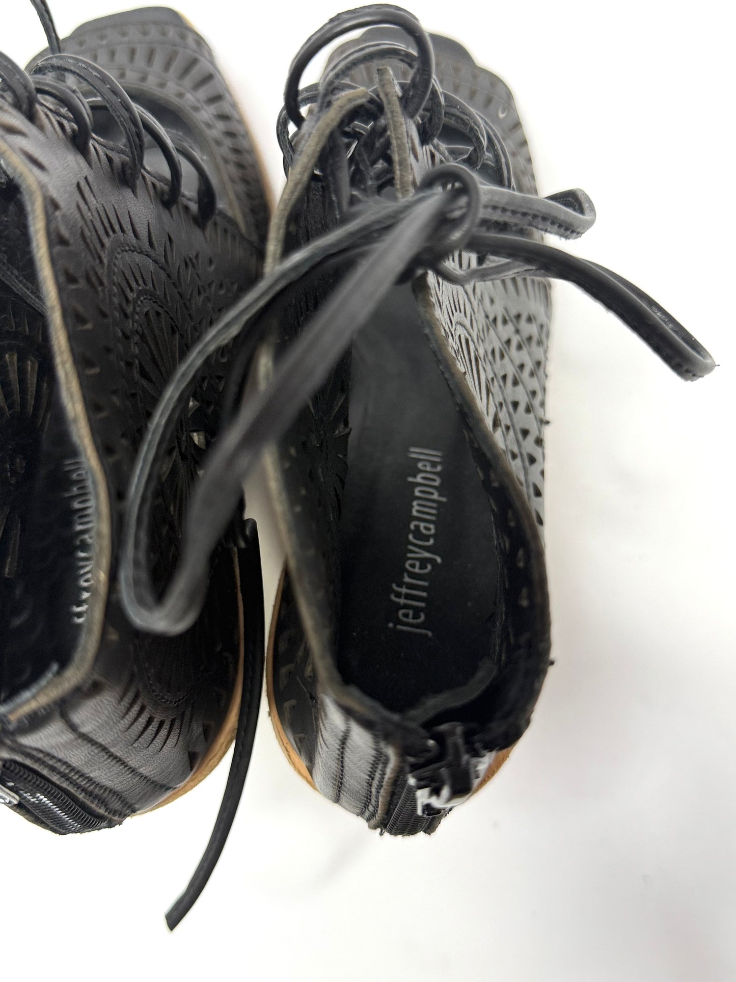 Jeffrey Campbell Boho Black Leather Peep Toe Wedges – Size 7.5 Lace-Up Cutout Sandals 3” Heel