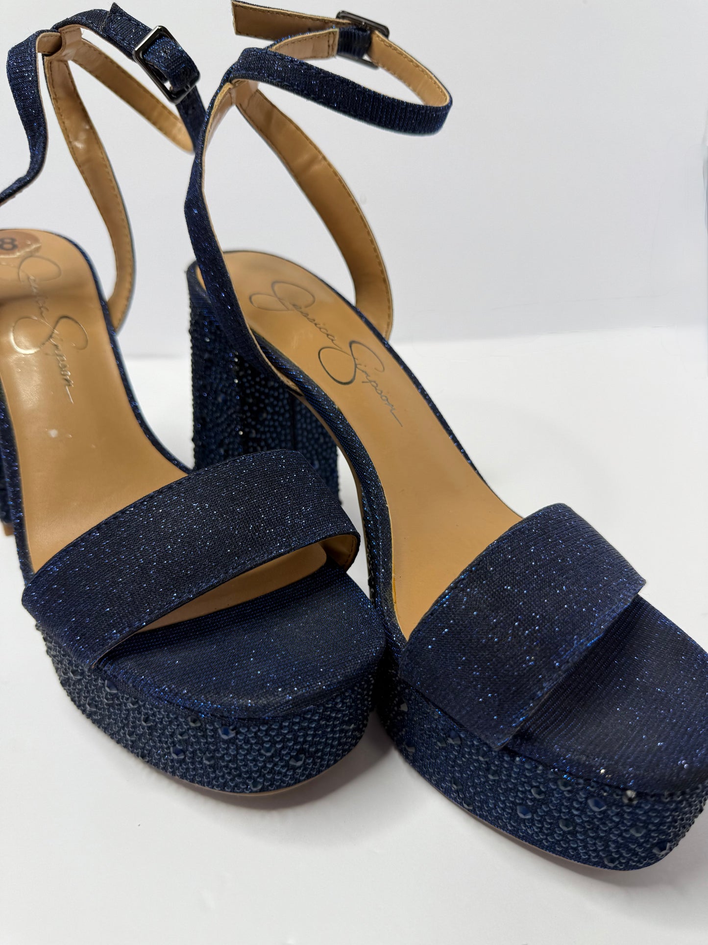 Jessica Simpson Metallic Blue Platform Sandals – Rhinestone Ankle Strap, Chunky Heel, Size 8, NWT