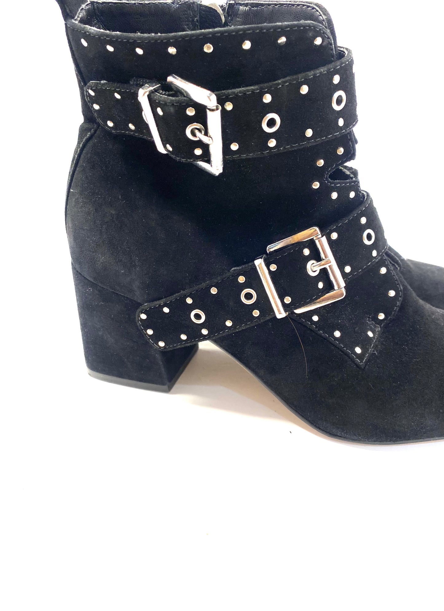 R ebecca Minkoff Black Suede Ankle Boots – Size 8.5 – Silver Buckles
