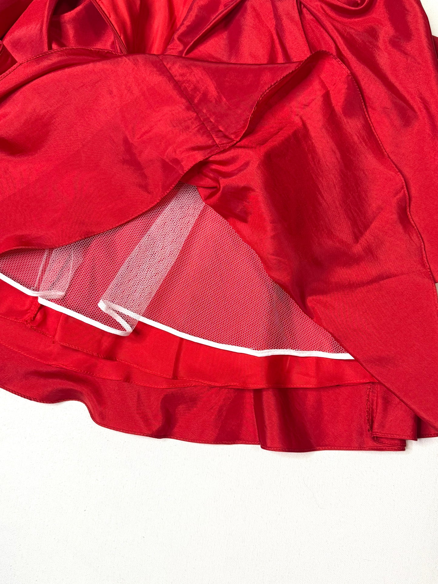 Rachel Allan Red Satin Ruffle Skirt Beaded Waist Formal Prom Party Mini Skirt Size 4