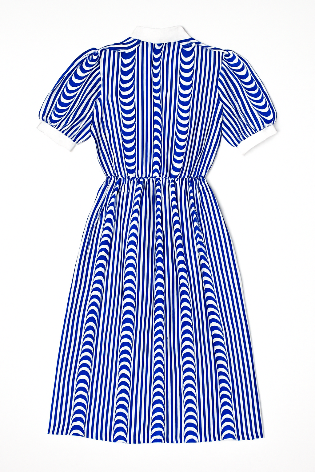 Vintage 1970s Blue & White Op Art Striped Midi Dress – Puff Sleeve Collared Shirt Dress Size 14