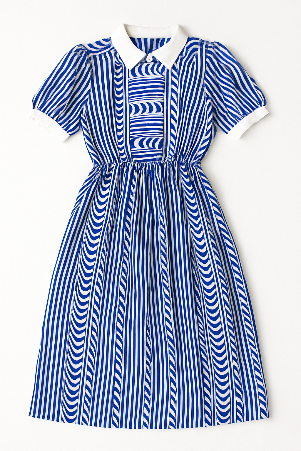 Vintage 1970s Blue & White Op Art Striped Midi Dress – Puff Sleeve Collared Shirt Dress Size 14