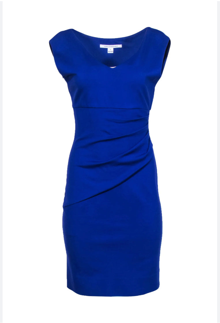 DVF Cobalt Blue Sheath Dress Size Small | V-Neck Ruched Waist | Side Zipper Closure