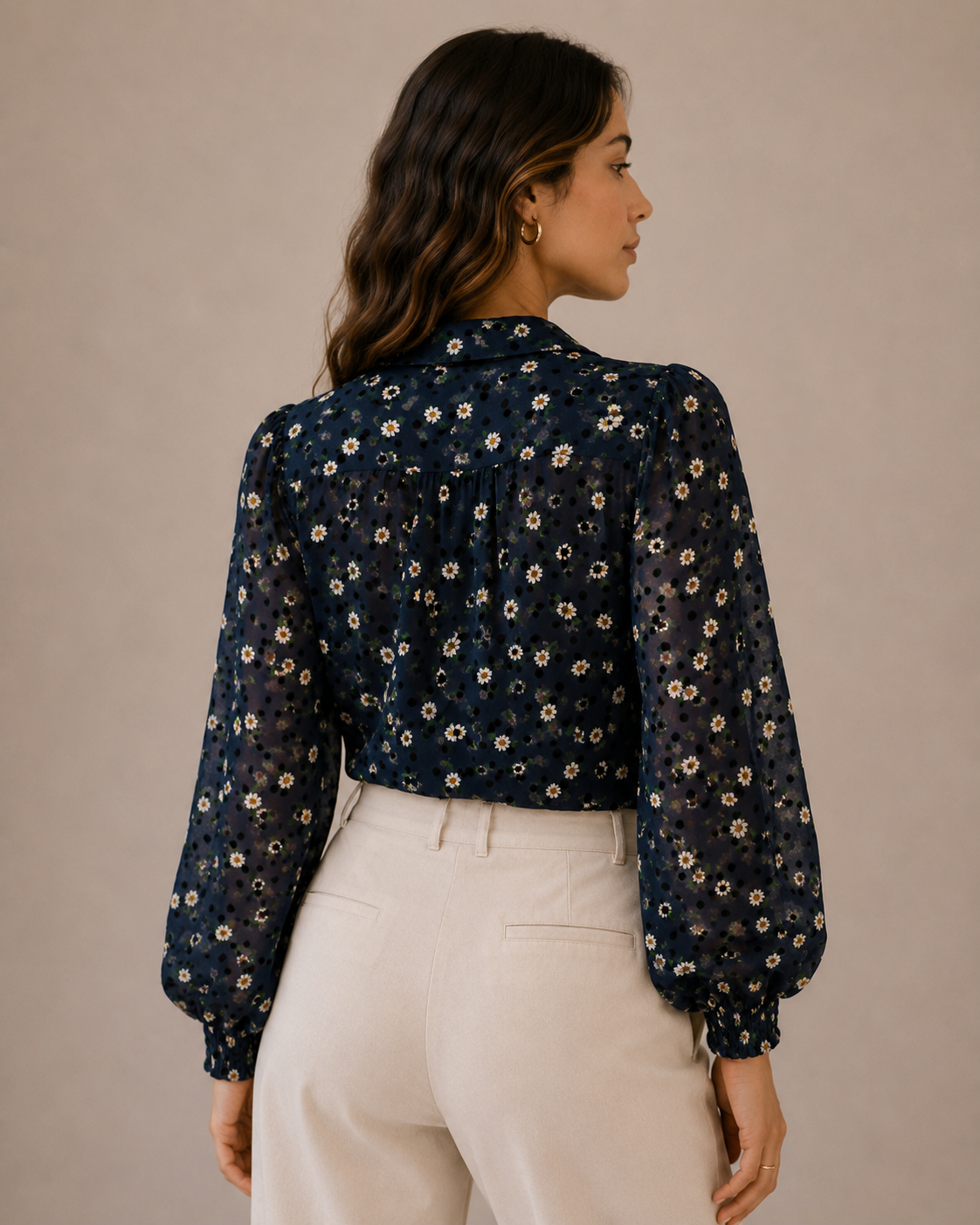 Topshop Daisy Print Sheer Blouse Blue Floral Polka Dot Button Front Long Sleeve Top Size 6
