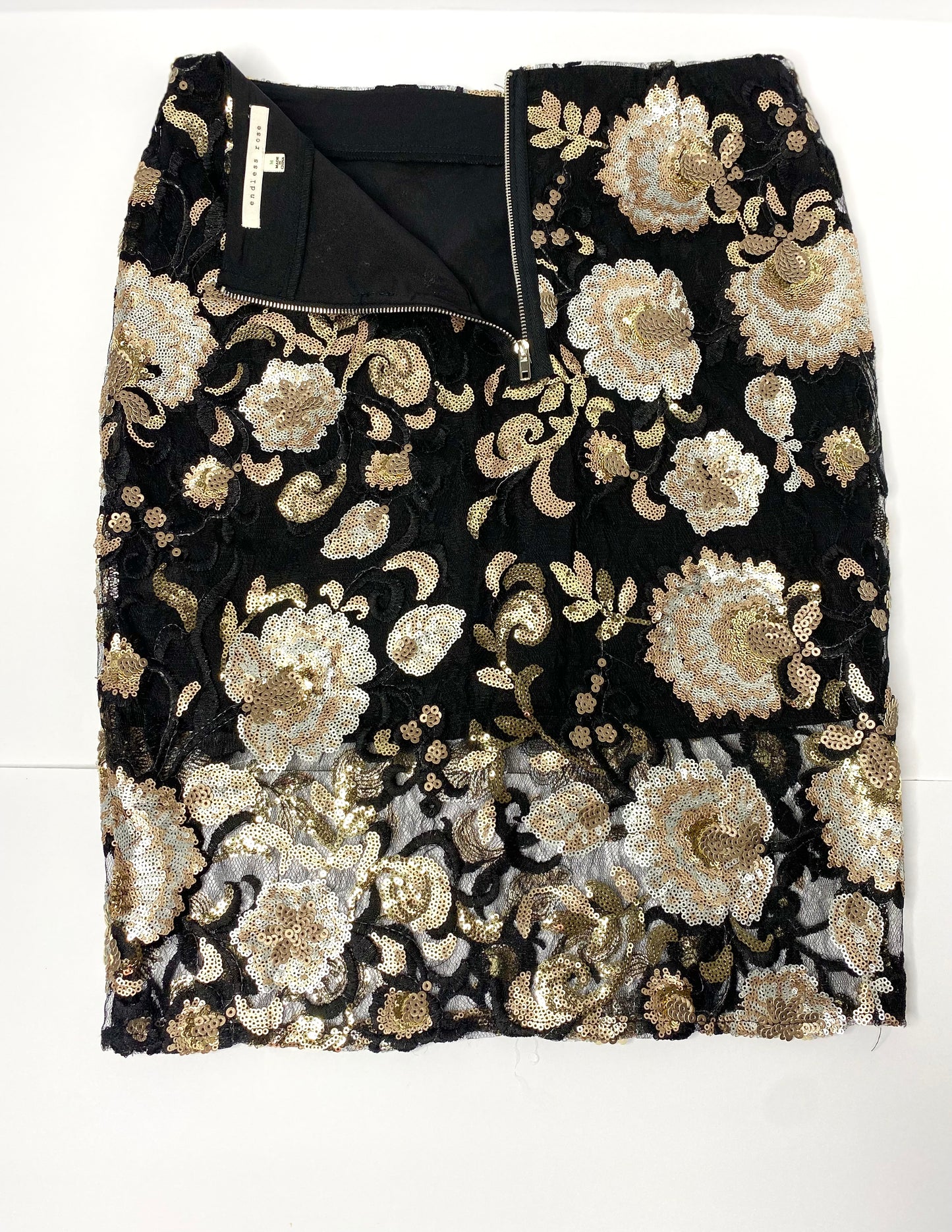 Endless Rose Gold Sequin Mesh Skirt Size M | Floral Pattern | Lined Party Skirt 100% Polyester