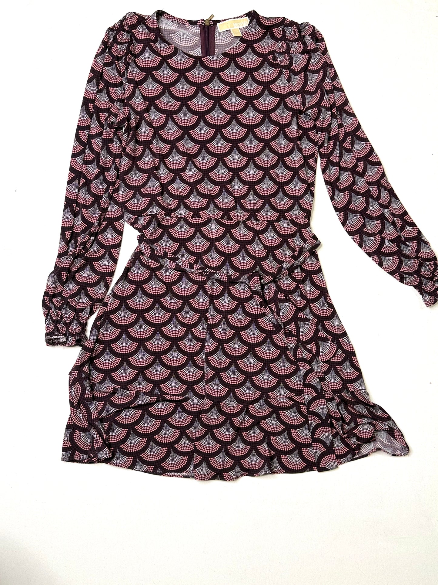 Michael Kors Petite Medium Wrap Dress Burgundy Pink Geometric Long Sleeve Ruffle
