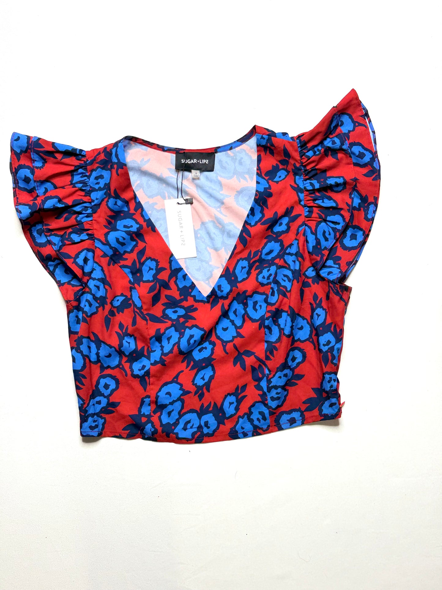 Sugar Lips Mira Mar Floral Ruffle Shoulder Crop Top – Red/Blue, Size S, NWT