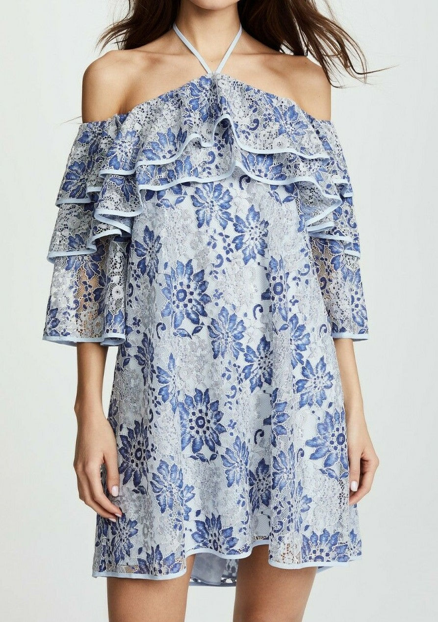 Rebecca Minkoff Dena Tiered Ruffle Halter Lace Dress – Blue Multi NWT, Size XS