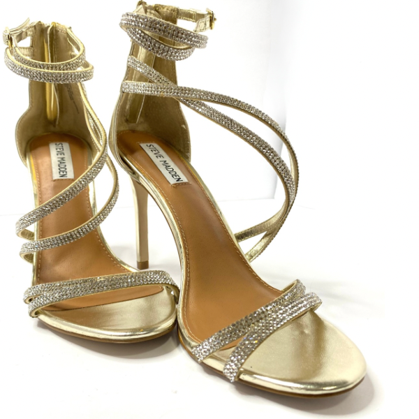 Steve Madden Gold Rhinestone Embellished Stiletto Heels – Size 8 – Open Toe – 4” Heel